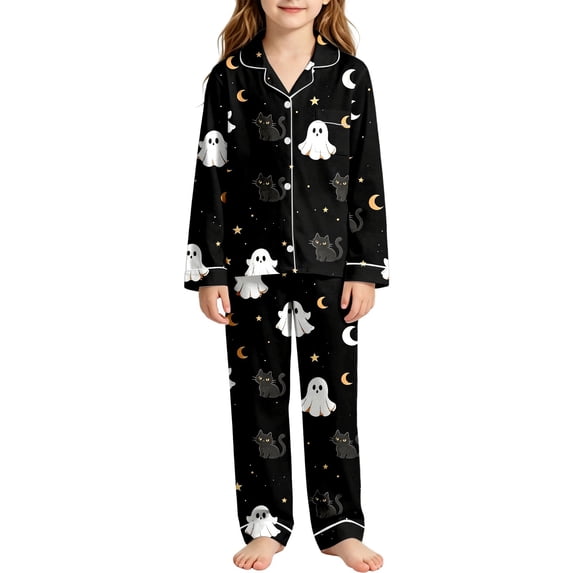 CONZONE Halloween Pajamas for Girls Graphic Pjs Set Hallowmas Jammies Long Sleeve Button Down Shirts Pants 2 Piece Sleepwear Loungewear for Kids