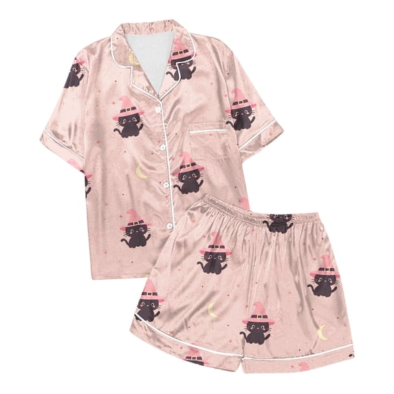CONZONE Halloween Pajamas for Girls Graphic Pjs Set Hallowmas Jammies Short Sleeve Button Down Shirts Shorts 2 Piece Sleepwear Loungewear for Kids