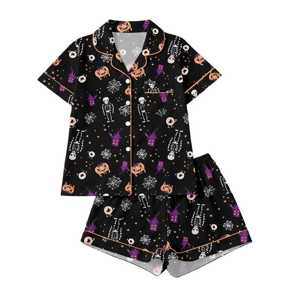 CONZONE Halloween Pajamas for Girls Graphic Pjs Set Hallowmas Jammies Short Sleeve Button Down Shirts Shorts 2 Piece Sleepwear Loungewear for Kids