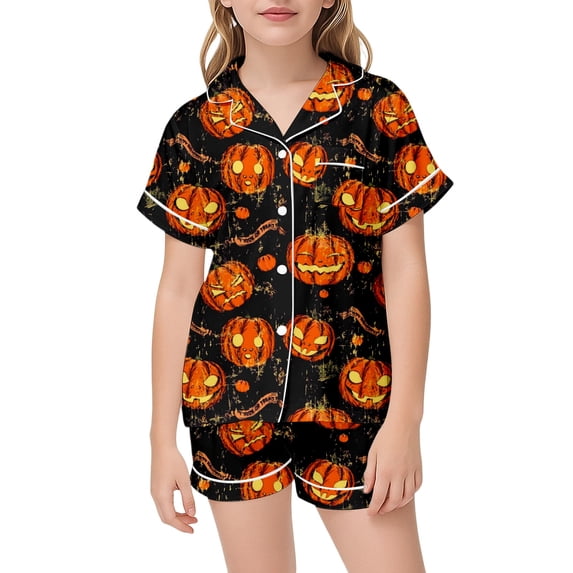 CONZONE Halloween Pajamas for Girls Pumpkin Pjs Set Hallowmas Jammies Short Sleeve Button Down Shirts Shorts 2 Piece Sleepwear Loungewear for Kids