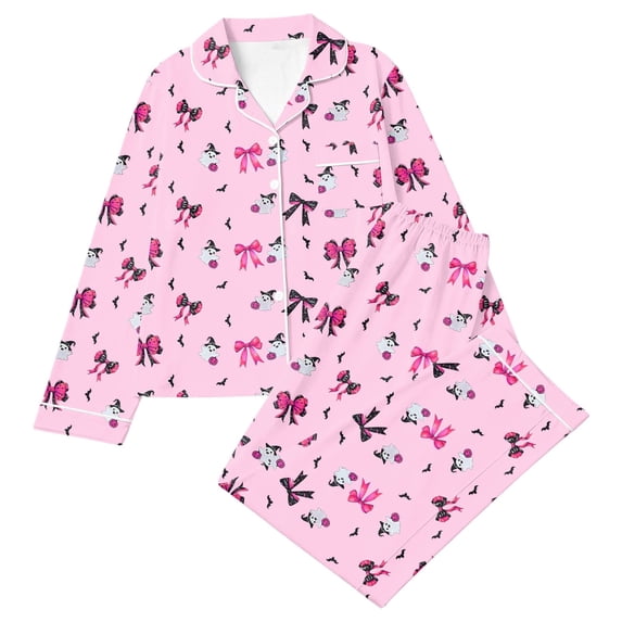 CONZONE Halloween Pajamas for Women Set Printed Long Sleeve Button Down Tops and Pants Hallowmas Loungewear Soft 2 Piece Pjs Set for Women