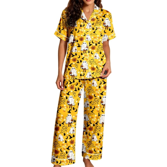 CONZONE Halloween Pajamas for Women Set Printed Short Sleeve Button Down Tops and Pants Hallowmas Loungewear Cozy 2 Piece Pjs Set for Women