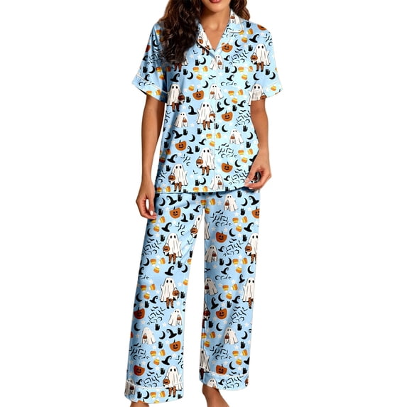 CONZONE Halloween Pajamas for Women Set Printed Short Sleeve Button Down Tops and Pants Hallowmas Loungewear Cozy 2 Piece Pjs Set for Women