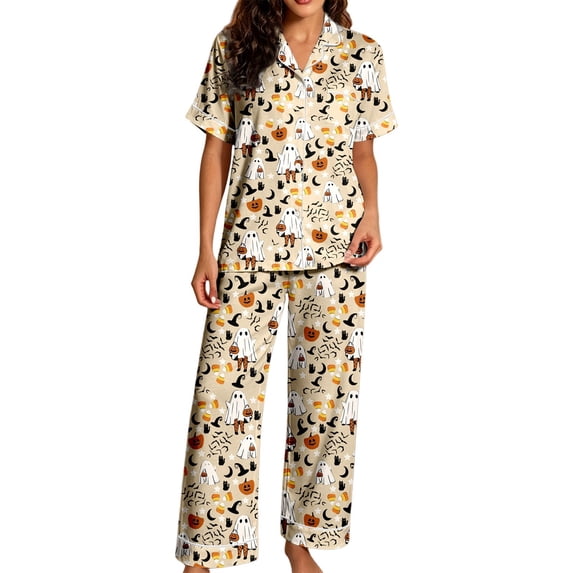 CONZONE Halloween Pajamas for Women Set Printed Short Sleeve Button Down Tops and Pants Hallowmas Loungewear Cozy 2 Piece Pjs Set for Women