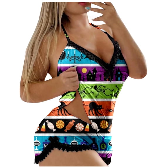 CONZONE Halloween Pajamas for Women Set Printed Sleeveless Spaghetti Straps Lace Tops and Shorts Hallowmas Loungewear Soft 2 Piece Pjs Set for Women