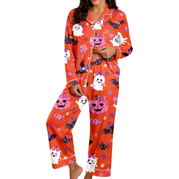 CONZONE Halloween Pajamas for Women Set Short Sleeve Button Down Graphic Tops Pants Pjs 2 Piece Spooky Season Sleepwear