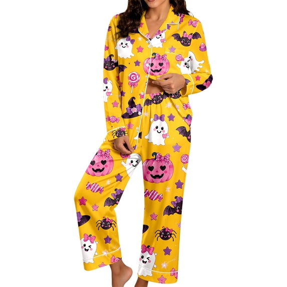 CONZONE Halloween Pajamas for Women Set Short Sleeve Button Down Graphic Tops Pants Pjs 2 Piece Spooky Season Sleepwear