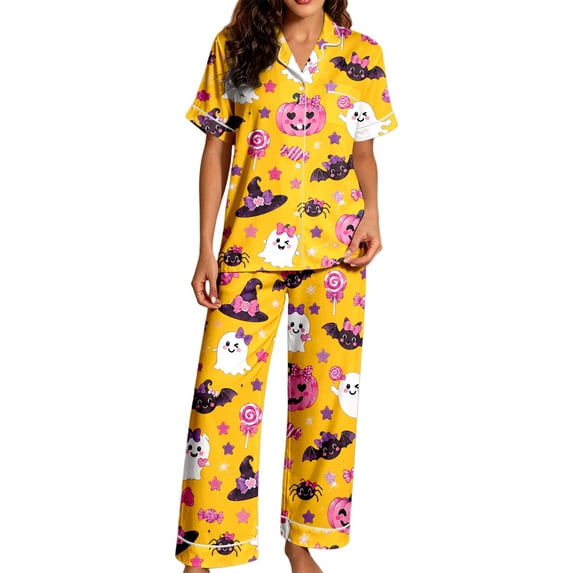 CONZONE Halloween Pajamas for Women Set Short Sleeve Button Down Graphic Tops Pants Pjs 2 Piece Spooky Season Sleepwear