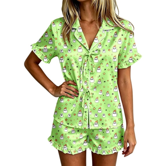 CONZONE Halloween Pajamas for Women Set Short Sleeve Lace Up Graphic Tops Shorts Pjs 2 Piece Spooky Season Sleepwear