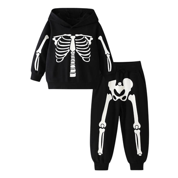CONZONE Halloween Toddler Boys Outfits 2 Piece Skeleton Graphic Long Sleeve Hoodies Pants Set Funny Fall Winter Clothes for Kids