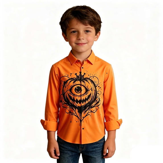 CONZONE Halloween Toddler Boys Shirts Long Sleeve Graphic Shirt for Boys Lapel Neck Button Down Spooky Season Fashion Tops