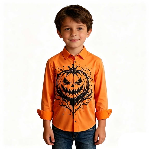 CONZONE Halloween Toddler Boys Shirts Long Sleeve Graphic Shirt for Boys Lapel Neck Button Down Spooky Season Fashion Tops