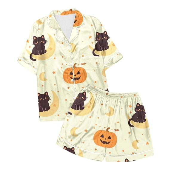 CONZONE Halloween Toddler Girls Pajamas Graphic Pjs Set Hallowmas Jammies Short Sleeve Button Down Shirts Shorts 2 Piece Sleepwear Loungewear for Kids