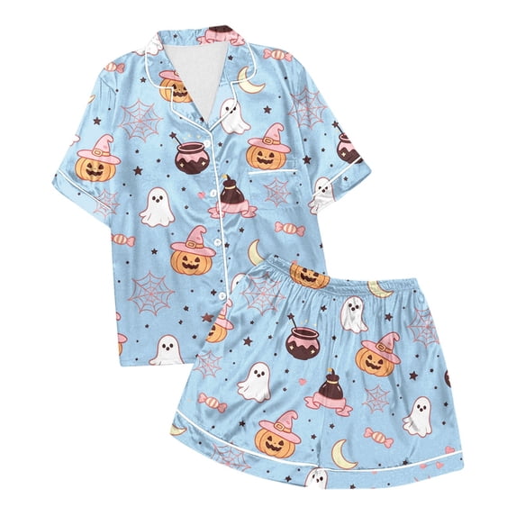 CONZONE Halloween Toddler Girls Pajamas Graphic Pjs Set Hallowmas Jammies Short Sleeve Button Down Shirts Shorts 2 Piece Sleepwear Loungewear for Kids