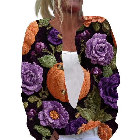CONZONE Halloween Womens Cardigan Graphic Open Front Knit Cardigan Sweaters for Women Button Down Long Sleeve Fall Winter Outwear Coat