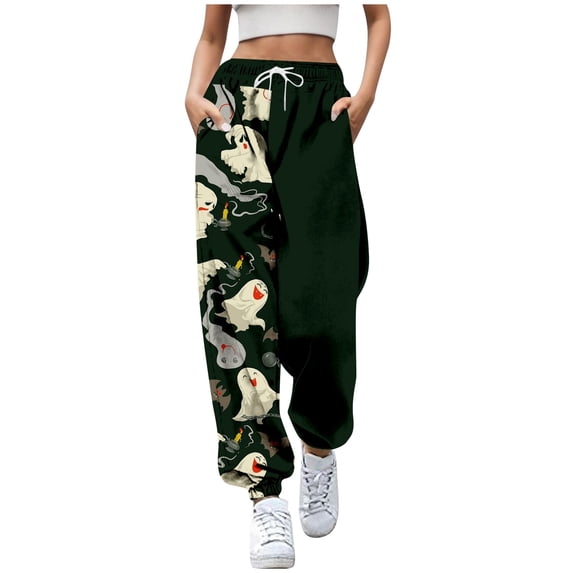 CONZONE Halloween Womens Joggers Baggy High Elastic Waist Drawstring Joggers for Women Wide Leg Hallowmas Printed Fall Winter Sports Pants with Pockets
