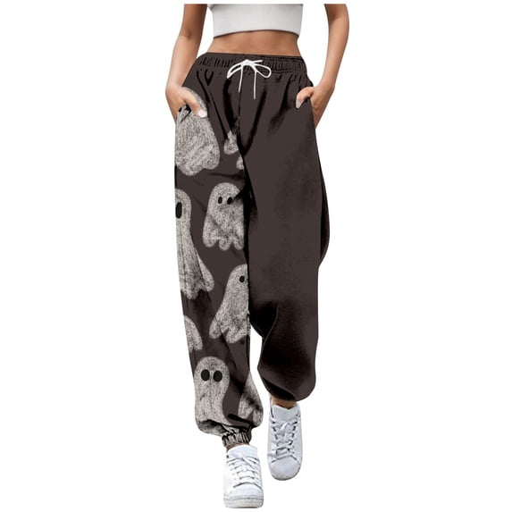 CONZONE Halloween Womens Joggers Baggy High Elastic Waist Drawstring Joggers for Women Wide Leg Hallowmas Printed Fall Winter Sports Pants with Pockets