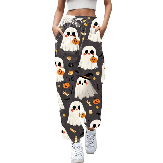 CONZONE Halloween Womens Joggers Baggy High Elastic Waist Drawstring Joggers for Women Wide Leg Hallowmas Printed Fall Winter Sports Pants with Pockets