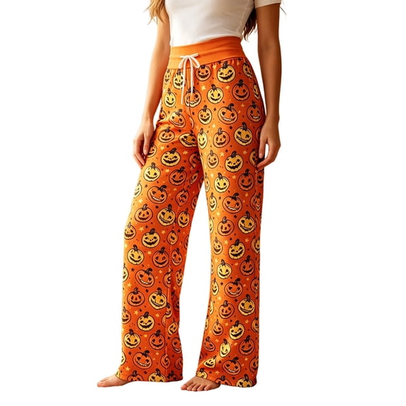 CONZONE Halloween Womens Pajama Pants Wide Leg Elastic Waist Drawstring Lounge Pants for Women Hallowmas Printed Soft Sleepewear Pjs Bottoms with Pockets