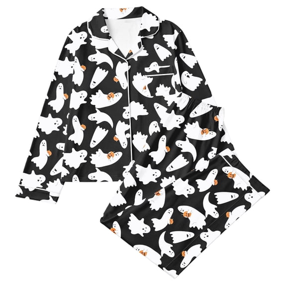 CONZONE Halloween Womens Pajamas Set Printed Long Sleeve Button Down Tops with Pants Hallowmas Sleepwear Cozy 2 Piece Pjs Set for Women