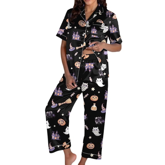 CONZONE Halloween Womens Pajamas Set Printed Short Sleeve Button Down Tops and Pants Hallowmas Sleepwear Soft 2 Piece Pjs Set for Women
