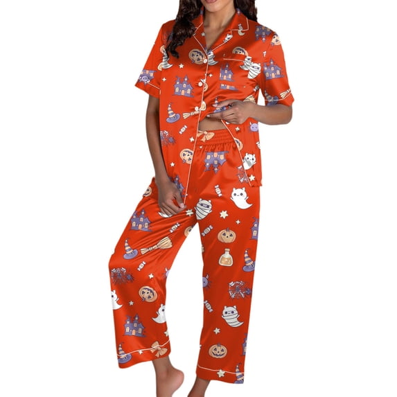 CONZONE Halloween Womens Pajamas Set Printed Short Sleeve Button Down Tops and Pants Hallowmas Sleepwear Soft 2 Piece Pjs Set for Women