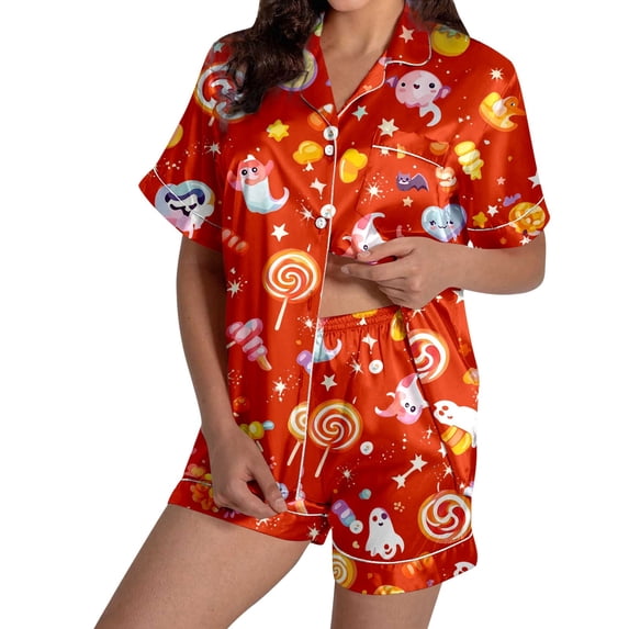 CONZONE Halloween Womens Pajamas Set Printed Short Sleeve Button Down Tops and Shorts Hallowmas Sleepwear Cozy 2 Piece Pjs Set for Women