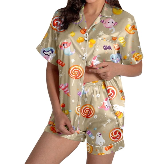 CONZONE Halloween Womens Pajamas Set Printed Short Sleeve Button Down Tops and Shorts Hallowmas Sleepwear Cozy 2 Piece Pjs Set for Women