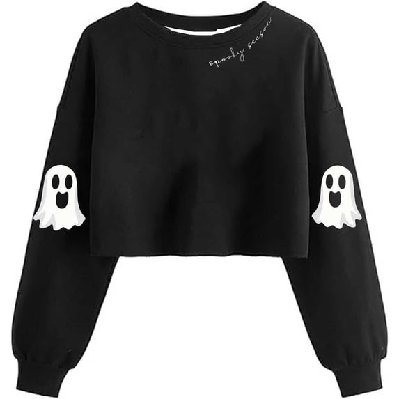 CONZONE Halloween Womens Sweatshirts Cute Ghost Graphic Crop Sweatshirt for Women Spooky Season Fall Winter Pullover Tops