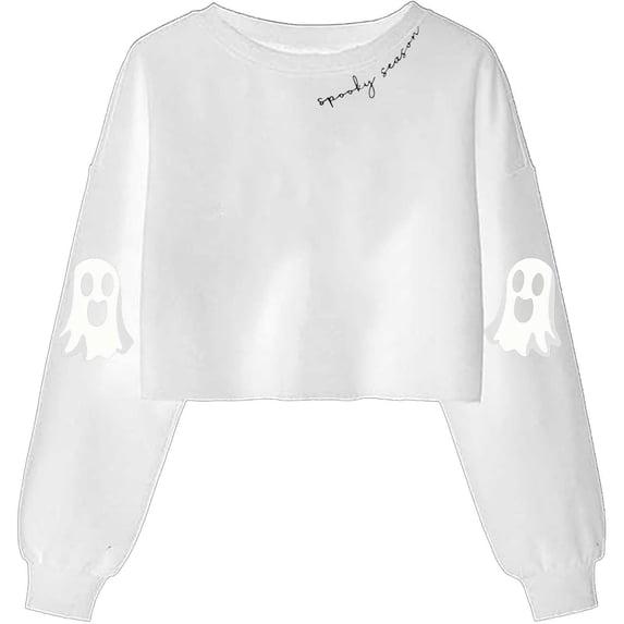 CONZONE Halloween Womens Sweatshirts Cute Ghost Graphic Crop Sweatshirt for Women Spooky Season Fall Winter Pullover Tops