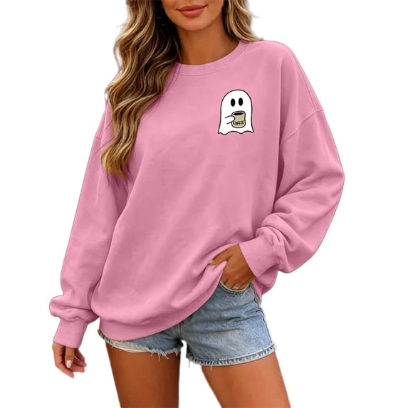 CONZONE Halloween Womens Sweatshirts Cute Ghost Graphic Oversized Sweatshirt for Women Spooky Season Fall Winter Pullover Tops