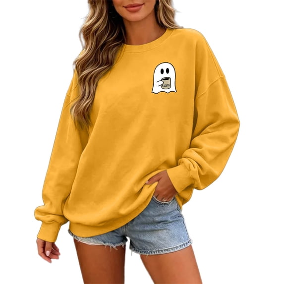 CONZONE Halloween Womens Sweatshirts Cute Ghost Graphic Oversized Sweatshirt for Women Spooky Season Fall Winter Pullover Tops
