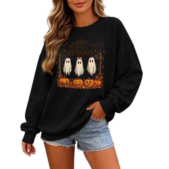 CONZONE Halloween Womens Sweatshirts Graphic Oversized Sweatshirt for Women Spooky Season Fall Winter Pullover Tops