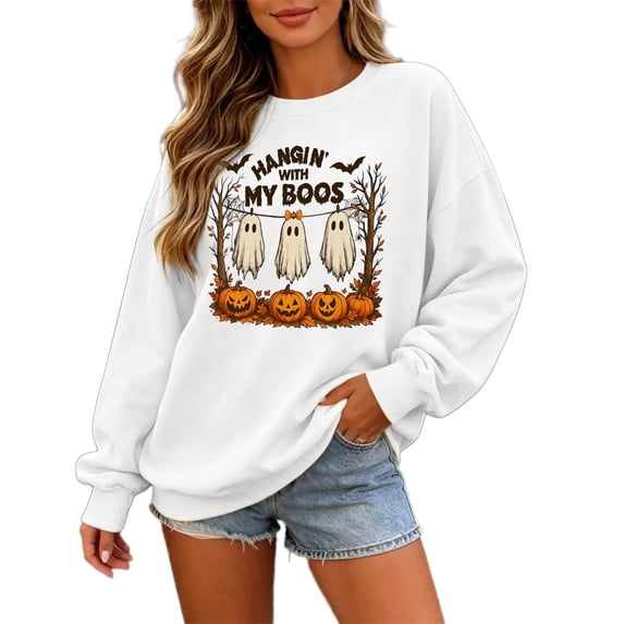 CONZONE Halloween Womens Sweatshirts Graphic Oversized Sweatshirt for Women Spooky Season Fall Winter Pullover Tops