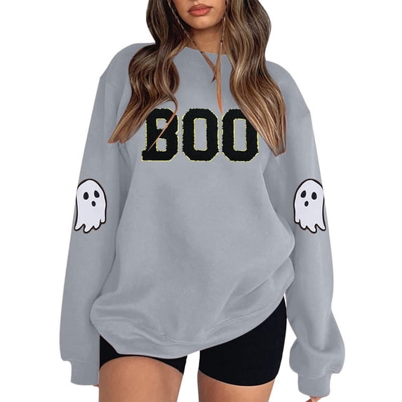 CONZONE Halloween Womens Sweatshirts Letter Ghost Graphic Oversized Sweatshirt for Women Spooky Season Fall Winter Pullover Tops