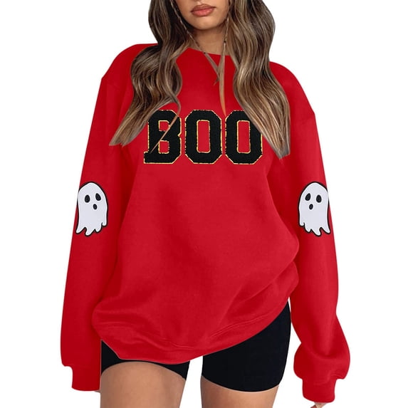CONZONE Halloween Womens Sweatshirts Letter Ghost Graphic Oversized Sweatshirt for Women Spooky Season Fall Winter Pullover Tops