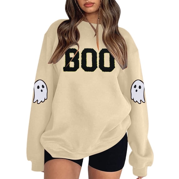 CONZONE Halloween Womens Sweatshirts Letter Ghost Graphic Oversized Sweatshirt for Women Spooky Season Fall Winter Pullover Tops