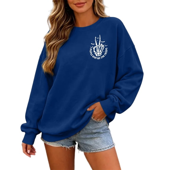 CONZONE Halloween Womens Sweatshirts Letter Skeleton Graphic Oversized Sweatshirt for Women Spooky Season Fall Winter Pullover Tops