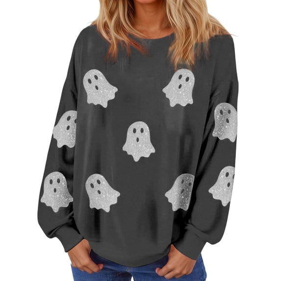 CONZONE Halloween Womens Sweatshirts Sequin Ghost Graphic Oversized Sweatshirt for Women Spooky Season Fall Winter Pullover Tops