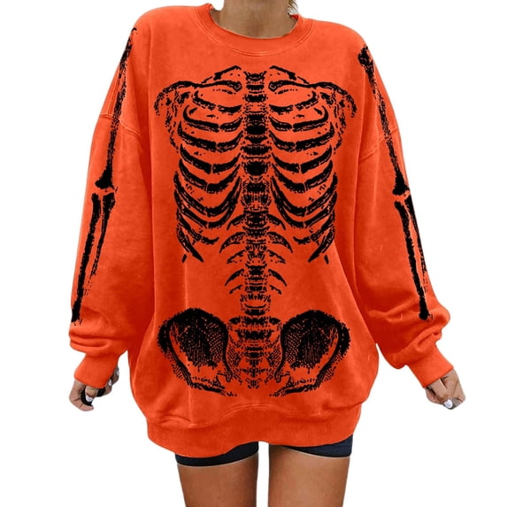 CONZONE Halloween Womens Sweatshirts Skeleton Graphic Oversized Sweatshirt for Women Spooky Season Fall Winter Pullover Tops