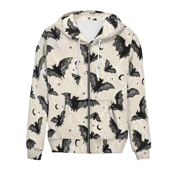 CONZONE Halloween Womens Zip Up Hoodies Bat Graphic Oversized Hooded Sweatshirt for Women Spooky Season Fall Winter Tops