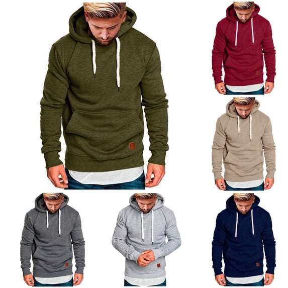 CONZONE Hoodies For Men Long Sleeve Drawstring Hooded Sweatshirts For Men Solid Color Cozy Fall Winter Pullover Mens Hoodies With Pocket