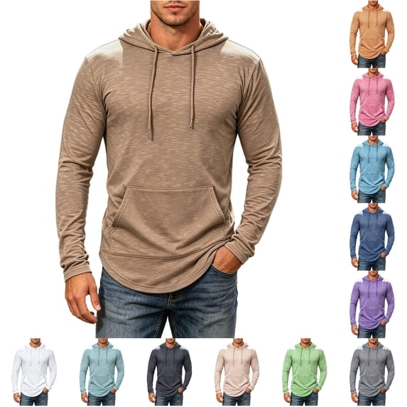 CONZONE Hoodies For Men Long Sleeve Drawstring Hooded Sweatshirts For Men Solid Color Cozy Fall Winter Pullover Mens Hoodies With Pocket
