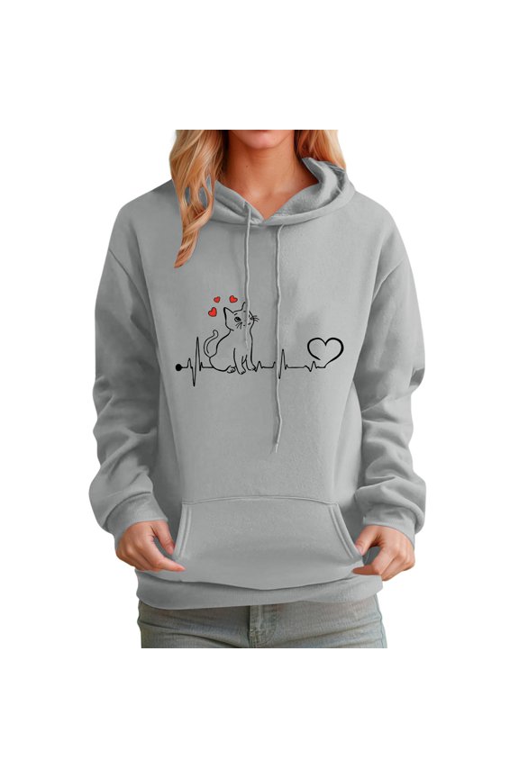Hoodies for Women Cartoon Cat Graphic Womens Pullover Hoodies Long Sleeve Hooded Sweatshirts Casual 2025 Fall Winter Clothes