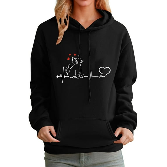 CONZONE Hoodies for Women Cartoon Cat Graphic Womens Pullover Hoodies Long Sleeve Hooded Sweatshirts Casual 2025 Fall Winter Clothes
