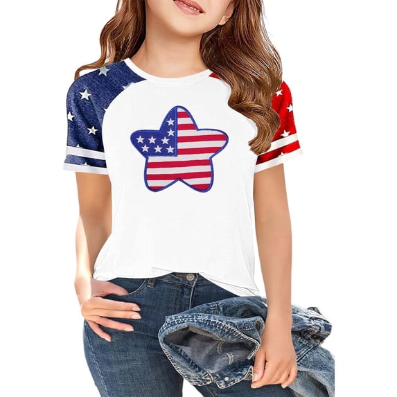 CONZONE Independence Day Girls Tshirts Short Sleeve Fourth Of July T Shirts For Girls Star Stipes Graphic Crew Neck Casual 250Th Anniversary Chlidren Spring Summer Tops