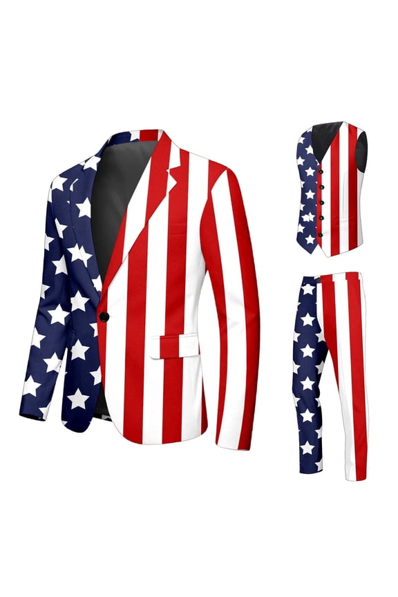 Independence Day Men's 3 Peice Suit Sets Patriotic Usa Star Striped Graphic July 4Th Blazer Suit Vest Pants Sets Wedding Business Outfits
