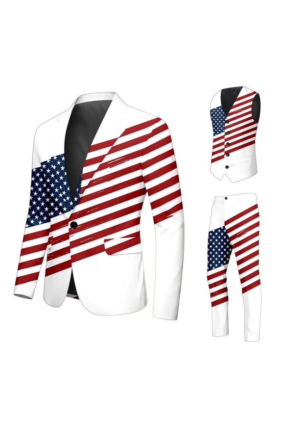 Independence Day Men's 3 Peice Suit Sets Patriotic Usa Star Striped Graphic July 4Th Blazer Suit Vest Pants Sets Wedding Business Outfits