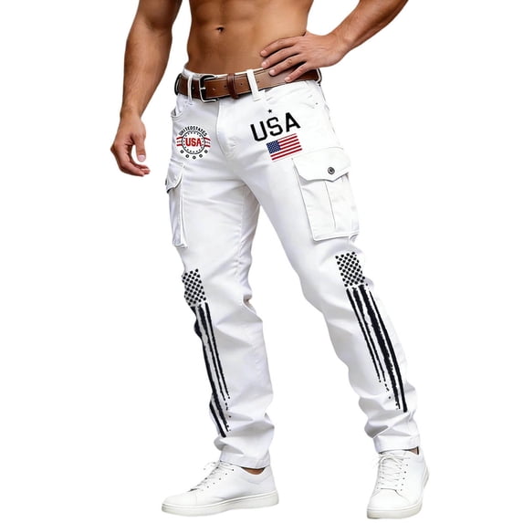 CONZONE Independence Day Men's Cargo Pants Straight Leg Pants for Men Trendy Buttons Patriotic Usa Flag Graphic 4Th Of July Outdoor Joggers With Pocket