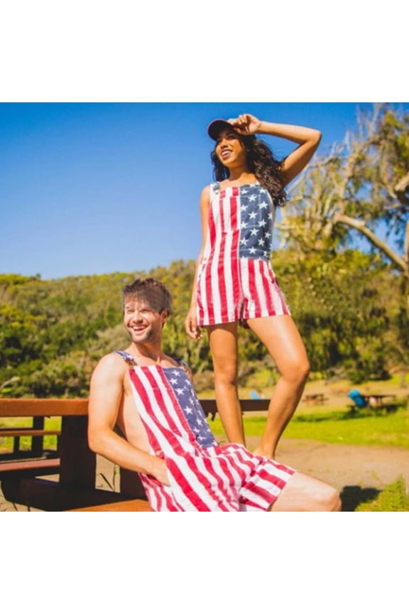 Independence Day Men's Denim Overalls Patriotic Jumpsuit for Men Trendy Elastic Waist Patriotic Usa Flag Graphic 4Th Of July Denim Shortalls With Pocket